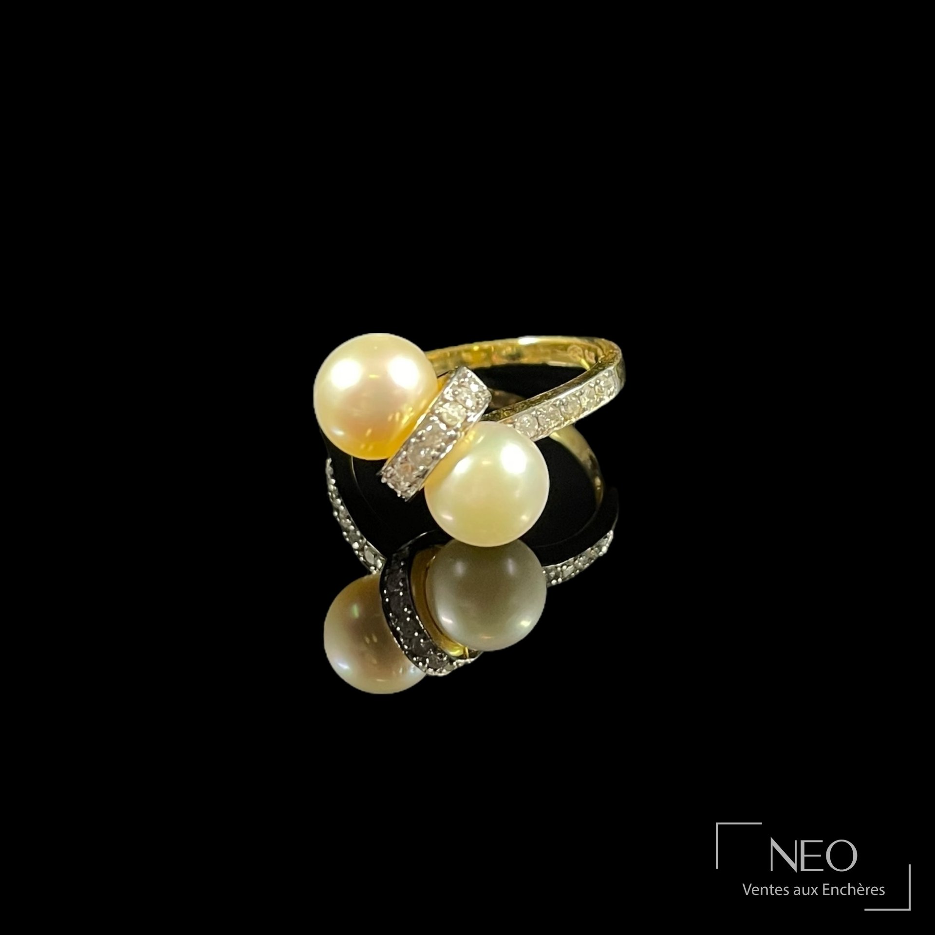 Bague toi et moi en or jaune 9 carats, perles de culture et diamants