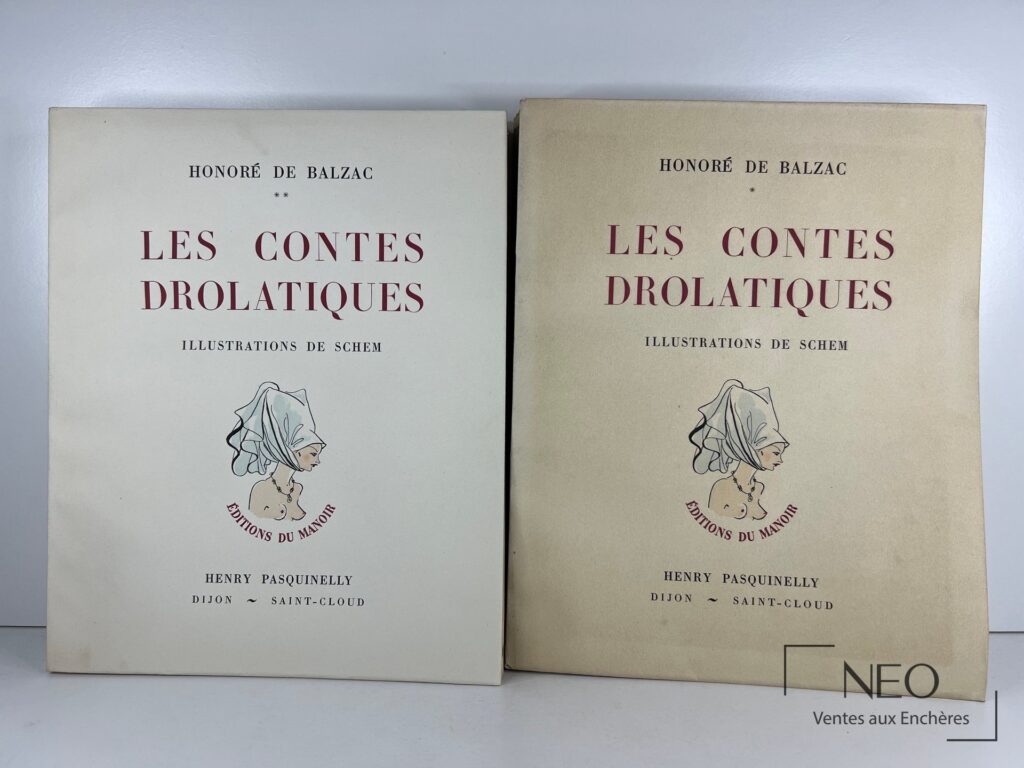 Les deux volumes de Les contes drolatiques de Balzac présentés en couverture avec leurs chemises