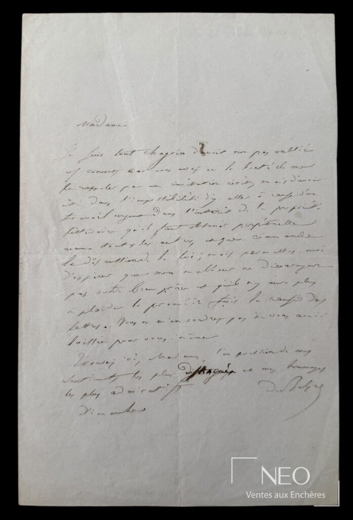 Feuille manuscrite avec lettre autographe signée de Balzac