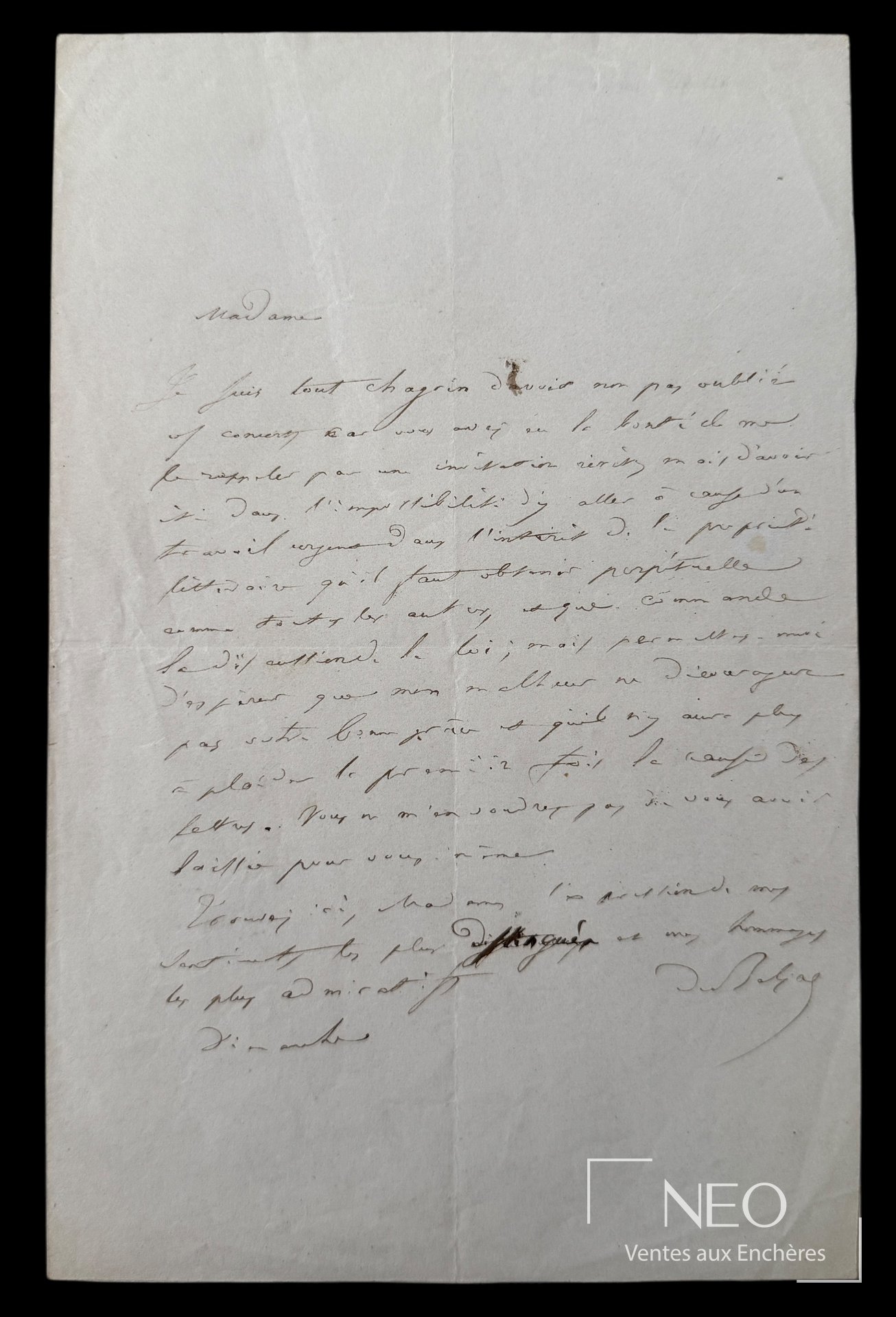 Balzac lettre autographe signée adressée à la Comtesse Merlin, fin février 1841