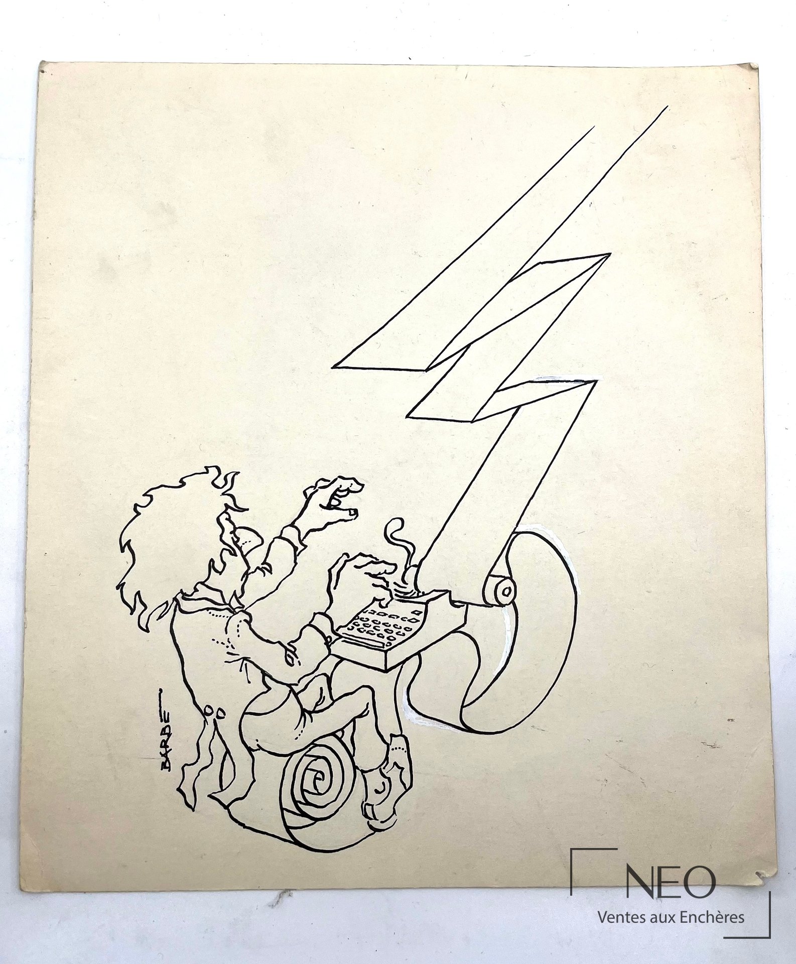 Dessin à l'encre représentant un écrivain devant une machine
