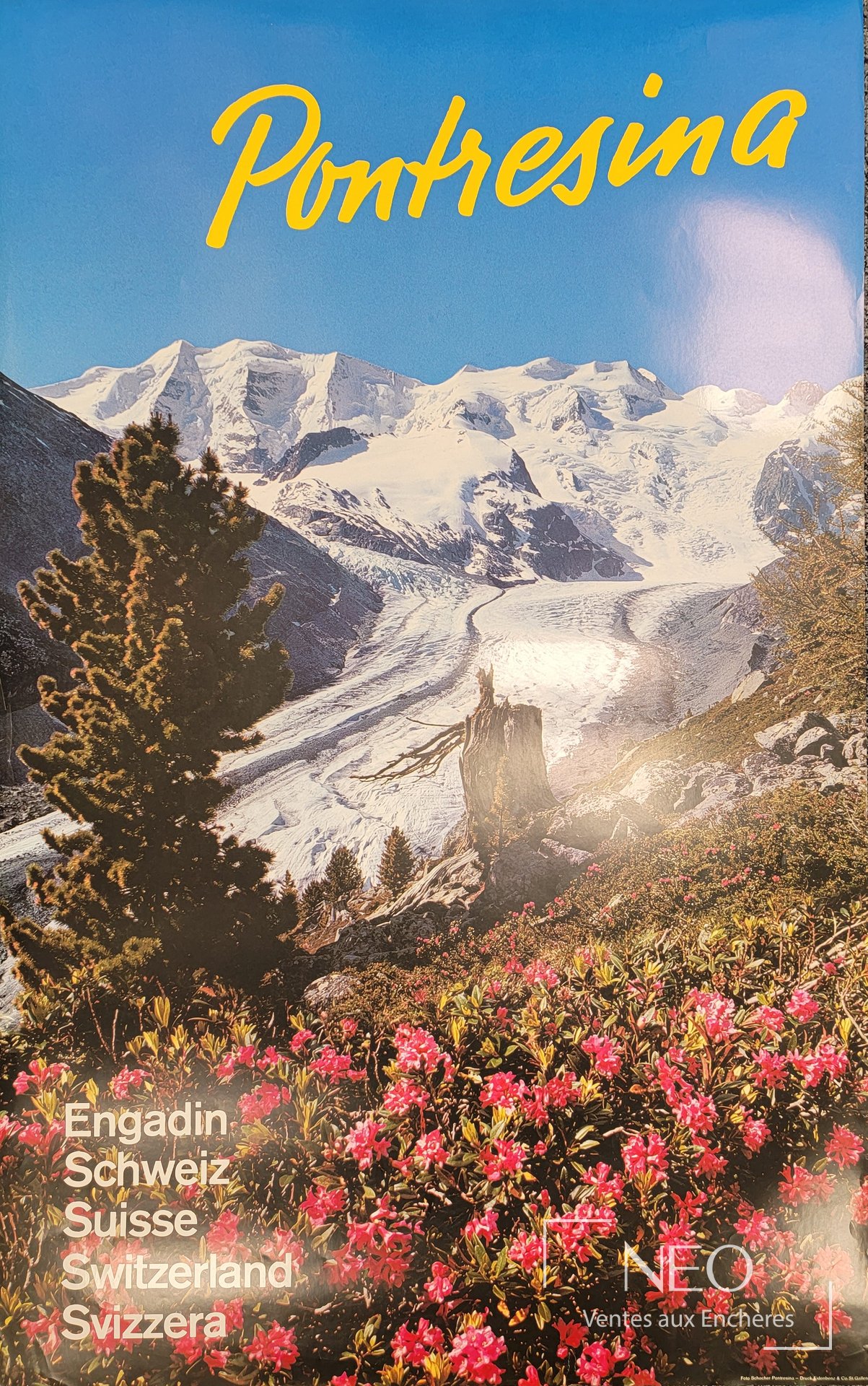 Affiche de Pontresina montrant des montagnes enneigées et le mot Pontresina en jaune.