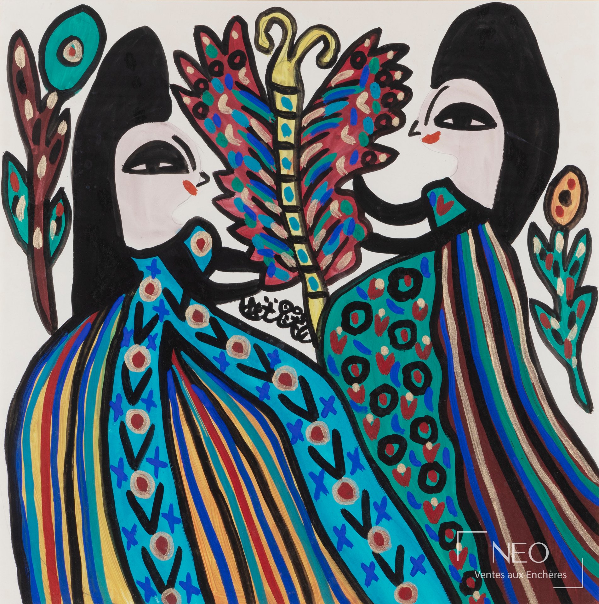 Gouache de Baya montrant deux femmes tenant un papillon