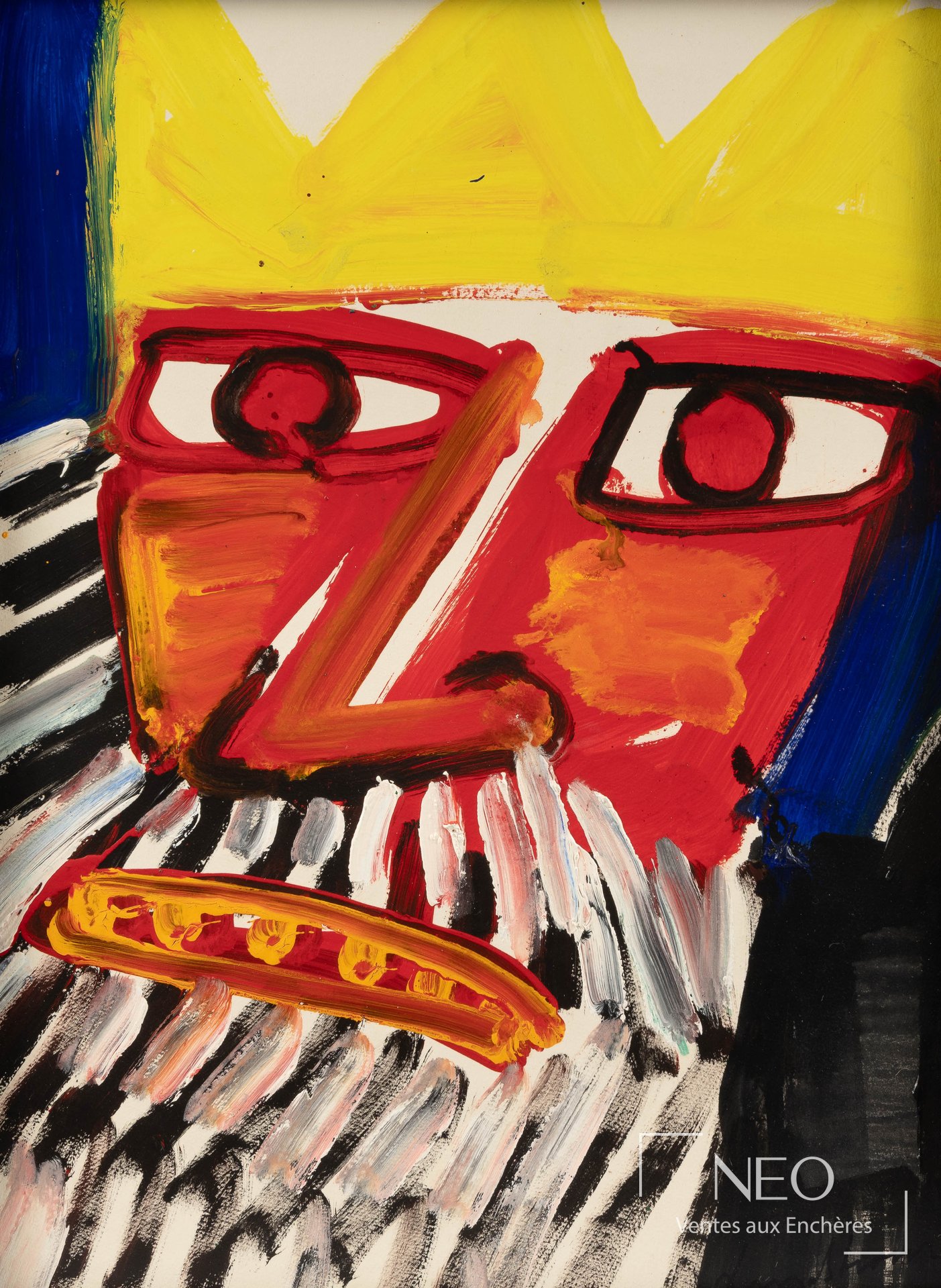 Peinture colorée figurant un visage stylisé aux yeux rouges et à la bouche jaune