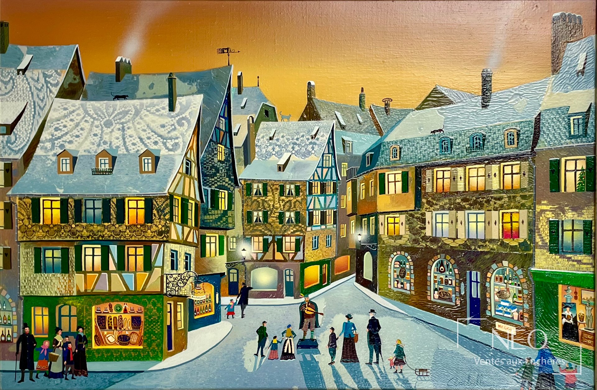 Vue d'ensemble d'une scène de rue enneigée aux toits bleus et au ciel orangé