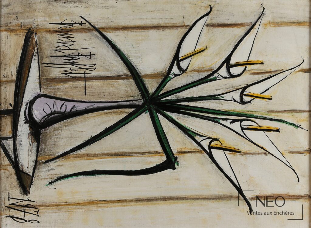 Composition d'arums de Bernard Buffet aux contours noirs et touches de vert et de jaune