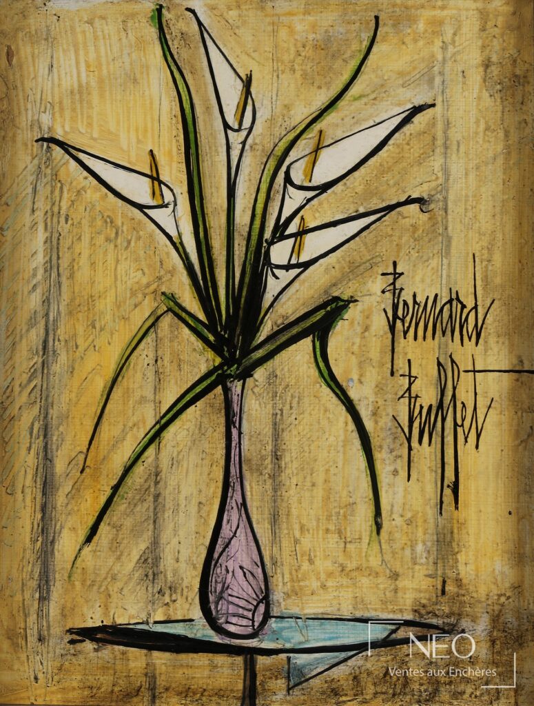 Tableau de Bernard Buffet représentant des arums sur fond jaune