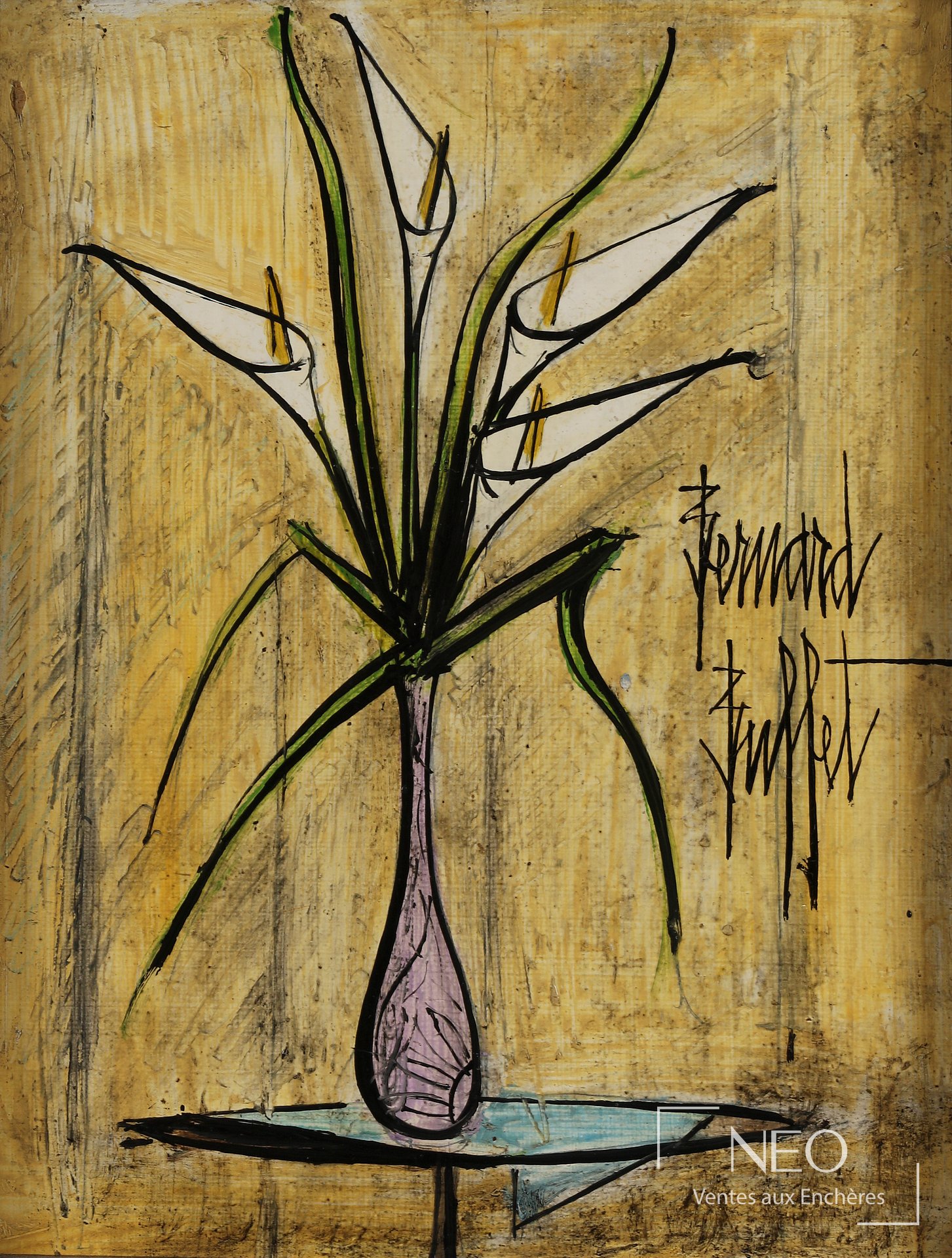 Tableau de Bernard Buffet représentant des arums sur fond jaune