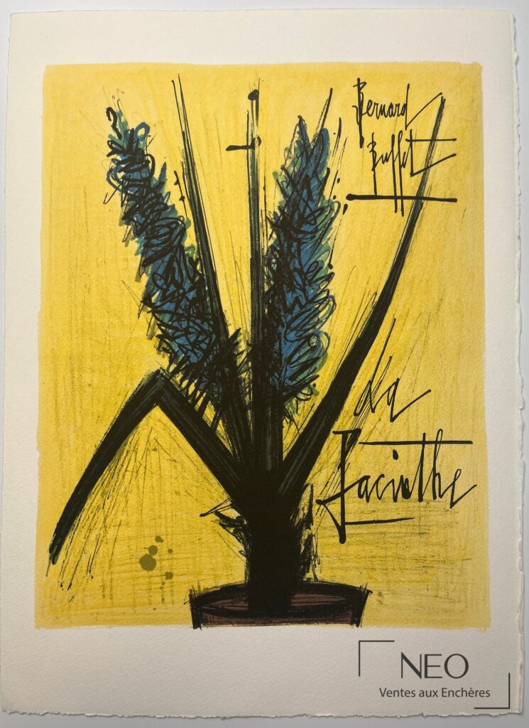 Lithographie en couleurs de Bernard Buffet représentant une jacinthe sur fond jaune