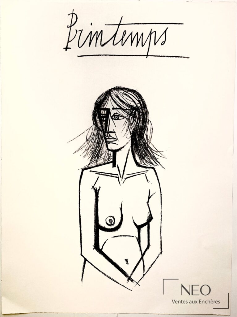 Lithographie Printemps d'après Bernard Buffet avec figure féminine en noir sur fond clair