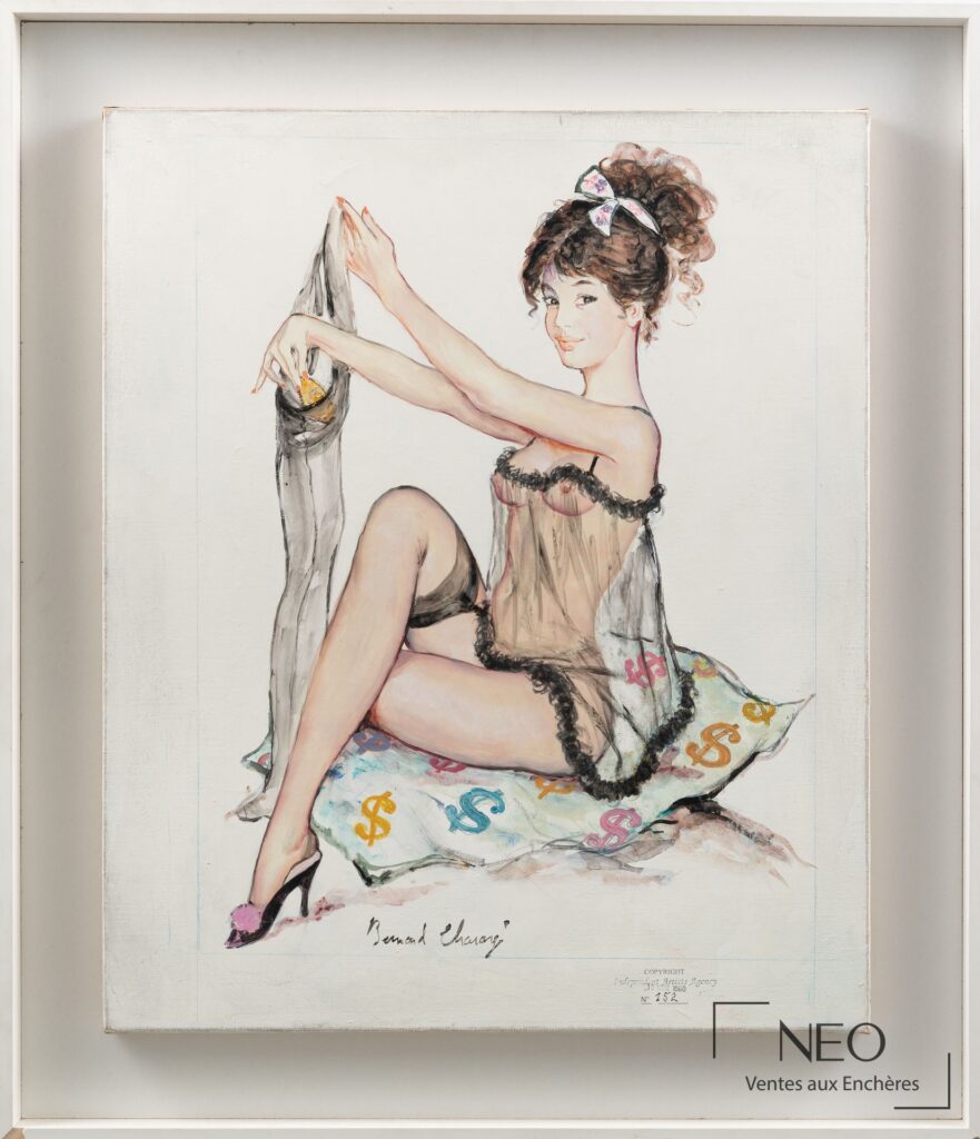 Huile sur toile de Bernard Charoy représentant une pin up assise en nuisette transparente