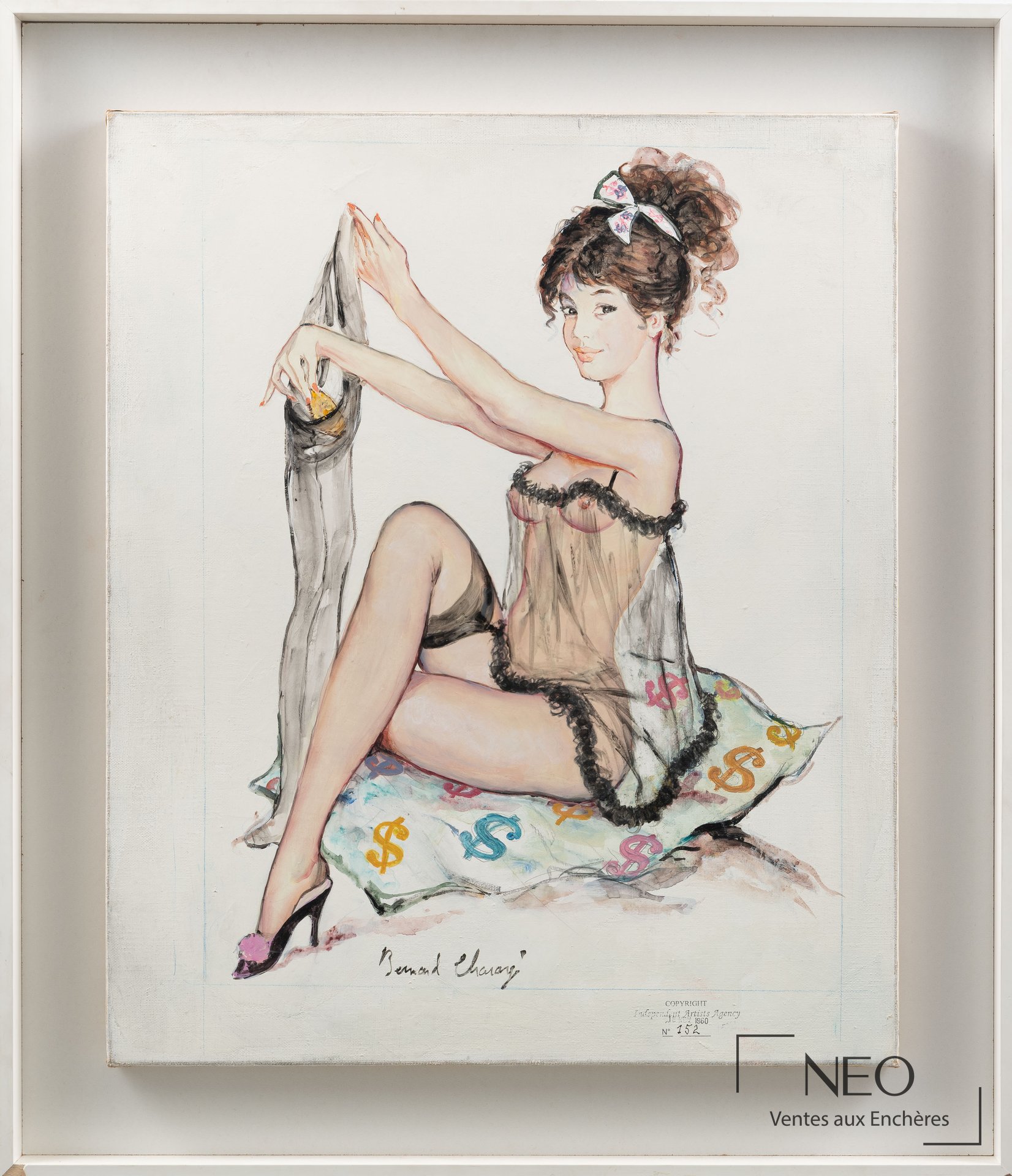 Huile sur toile de Bernard Charoy représentant une pin up assise en nuisette transparente