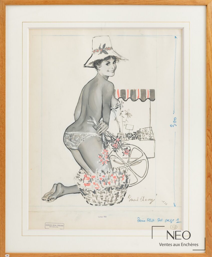 Composition de Bernard Charoy montrant une pin up fleuriste encadrée sous verre