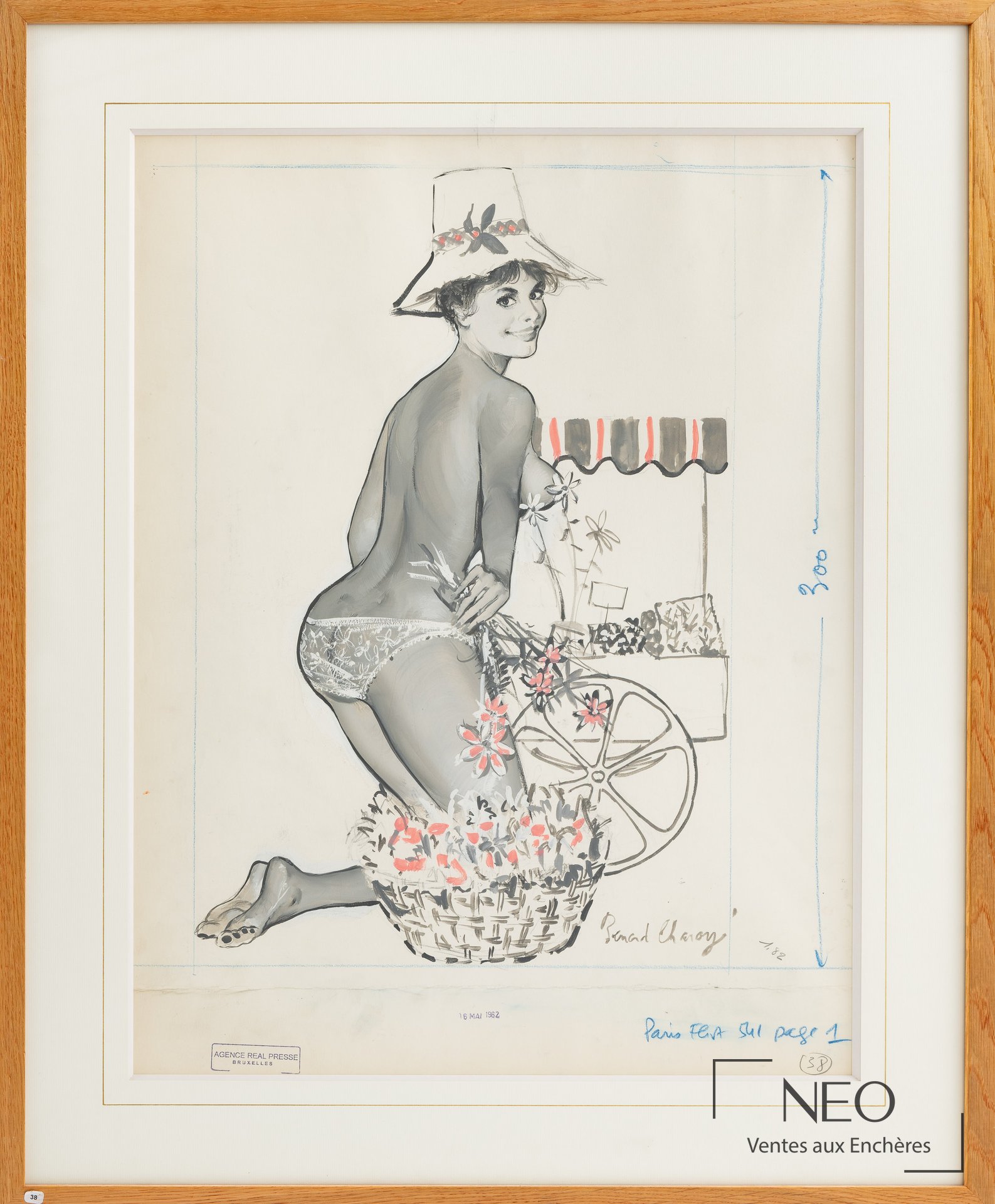 Composition de Bernard Charoy montrant une pin up fleuriste encadrée sous verre