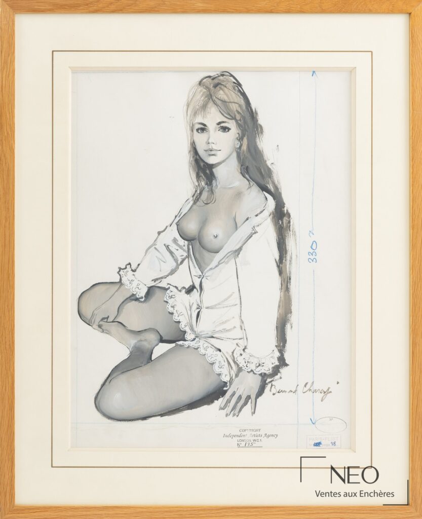 Desssin de Bernard Charoy représentant une pin up assise en chemise ouverte