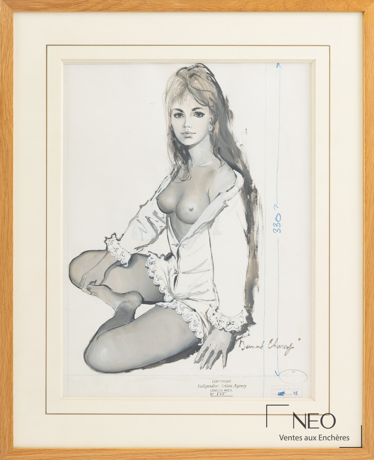 Desssin de Bernard Charoy représentant une pin up assise en chemise ouverte