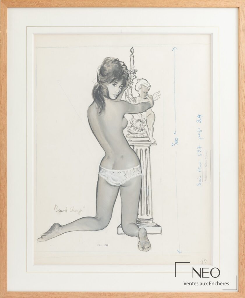 Dessin de Bernard Charoy représentant une pin-up devant un putto à la colonne