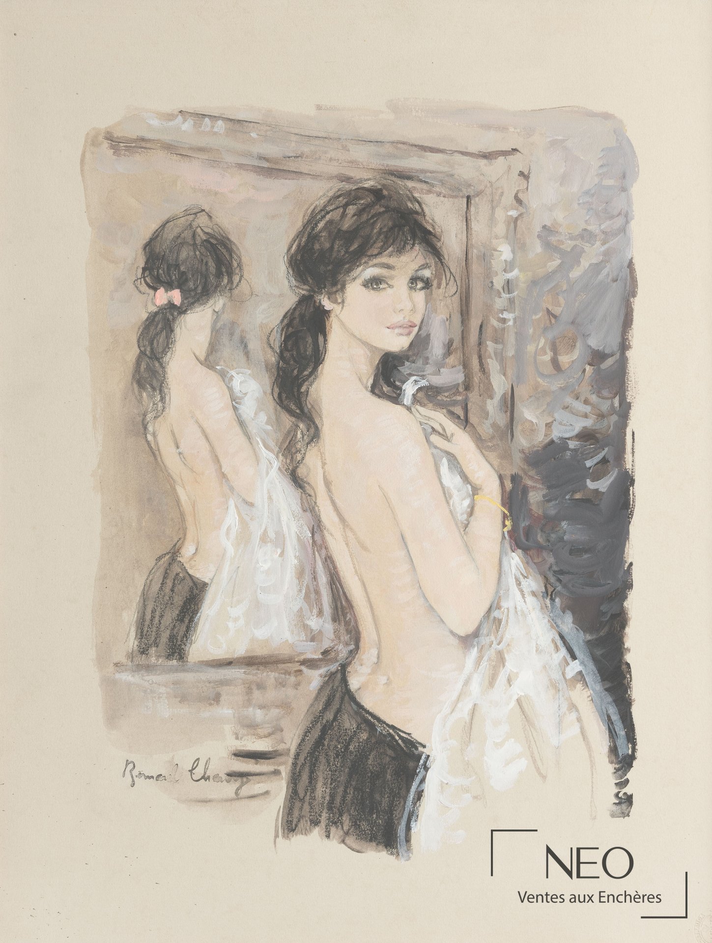 Bernard Charoy, Portrait de jeune fille au miroir, technique mixte sur papier