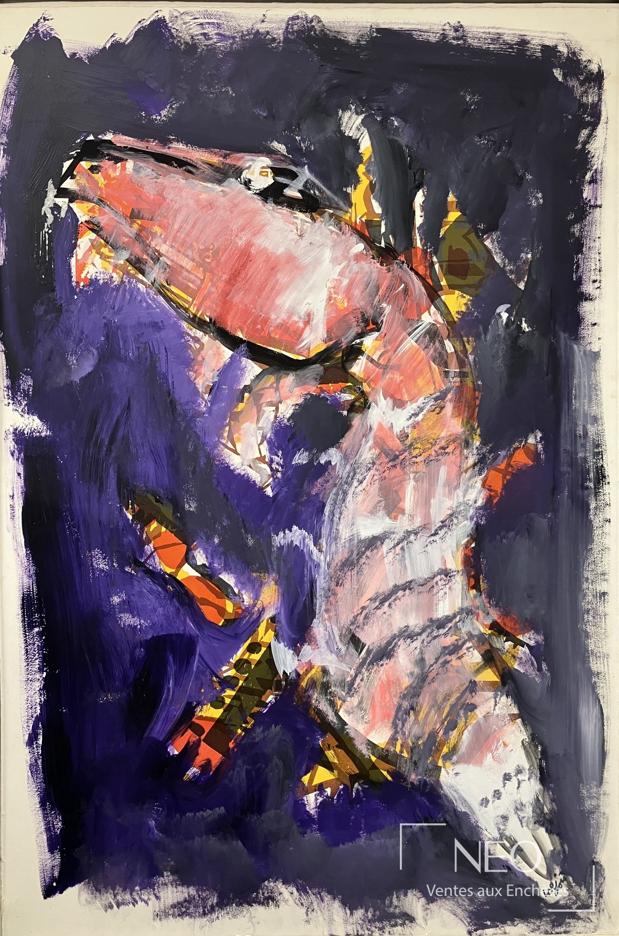 Acrylique de Bernard Lorjou représentant une écrevisse aux tons violets et orangés