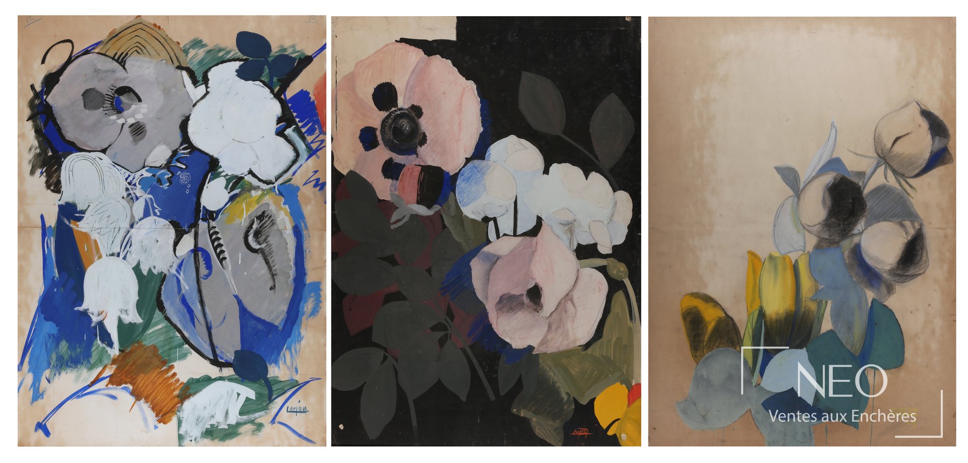 Triptyque de Bernard Lorjou représentant une nature morte aux fleurs en trois panneaux.