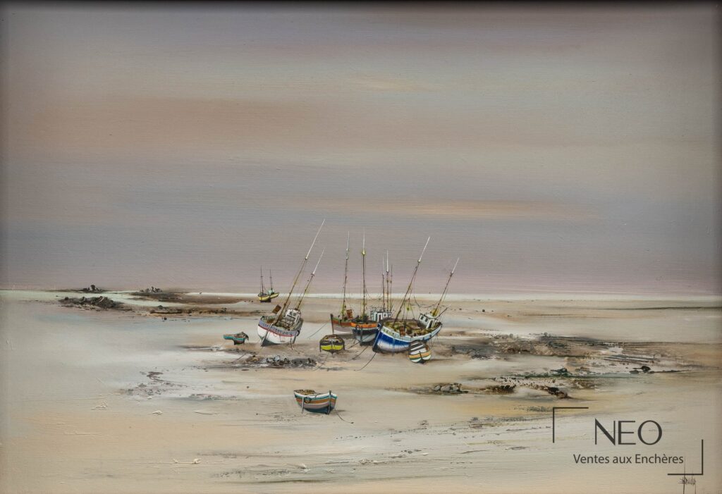 Huile sur toile de Bernard Louedin représentant des bateaux à marée basse