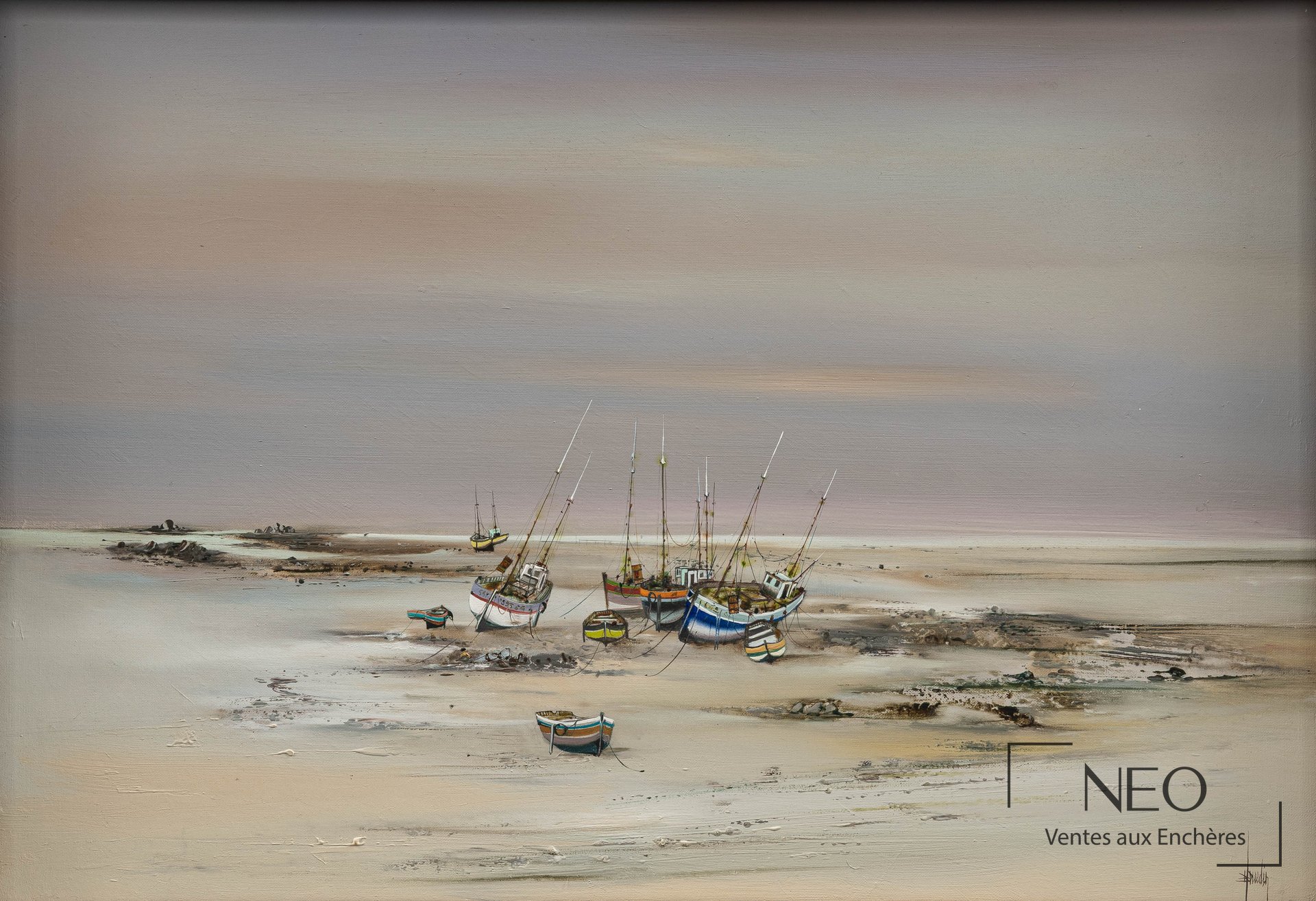 Huile sur toile de Bernard Louedin représentant des bateaux échoués à marée basse