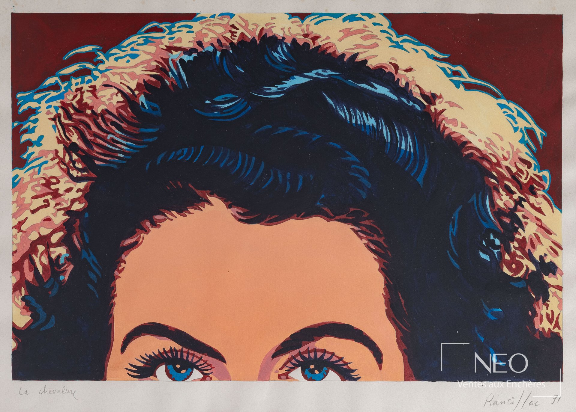 Composition de Bernard Rancillac montrant une chevelure sombre et des yeux bleus sur fond rouge