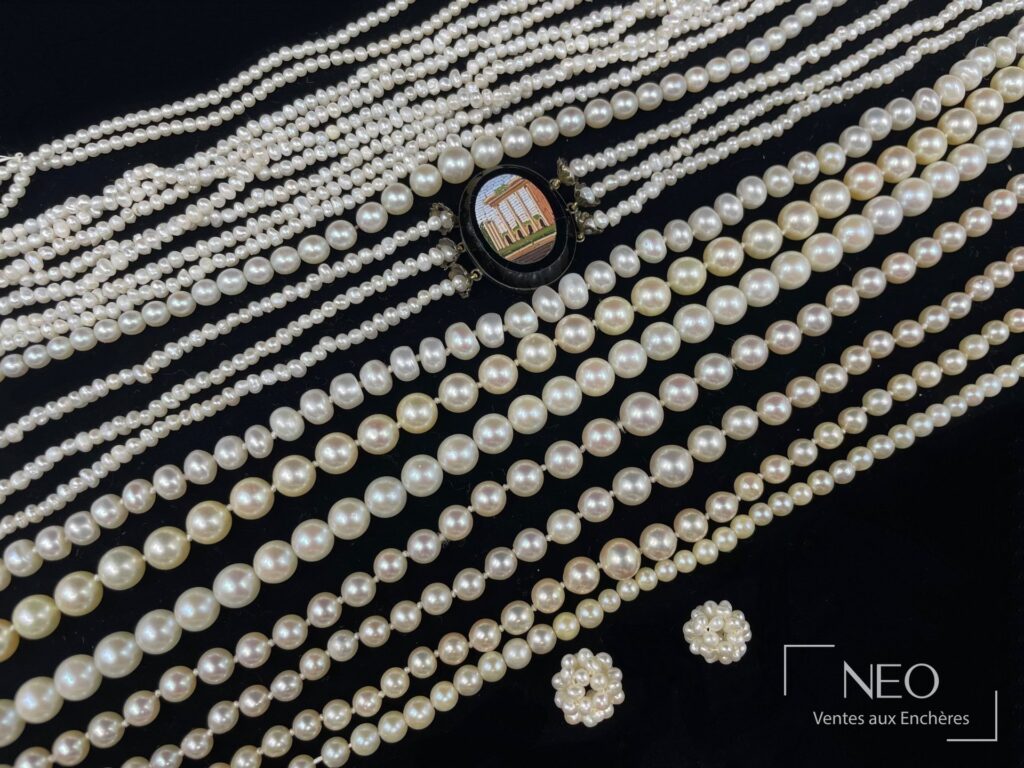 Plusieurs colliers de perles de culture blanches disposés sur fond noir