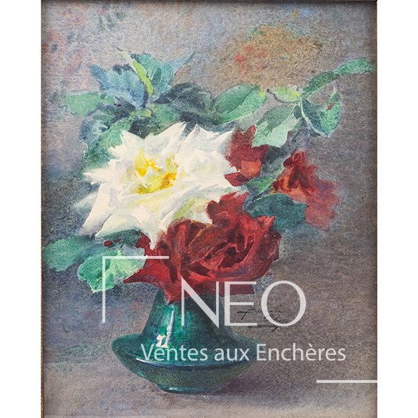 Aquarelle florale de Blanche Odin représentant un bouquet dans un vase vert
