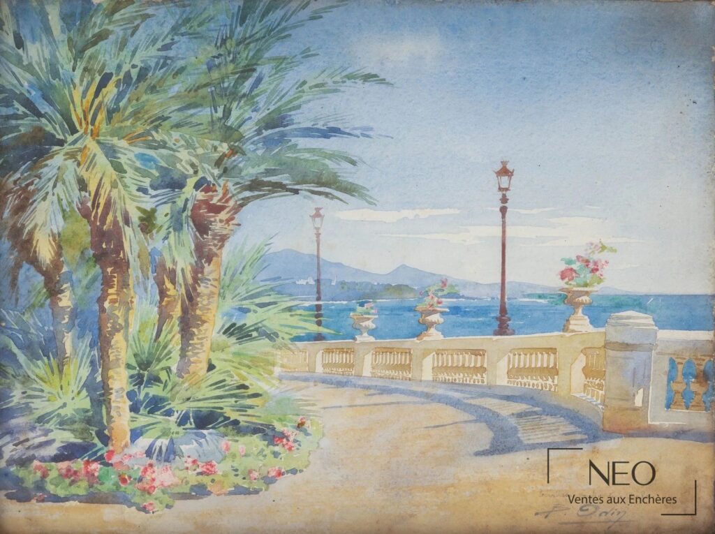 Vue d'ensemble de l'aquarelle représentant une terrasse en bord de mer avec palmiers et balustrade.