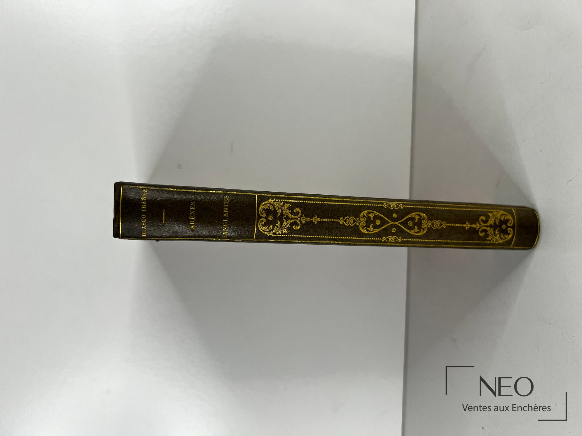 Dos d’un livre relié en demi basane noire avec décor doré et titre au dos