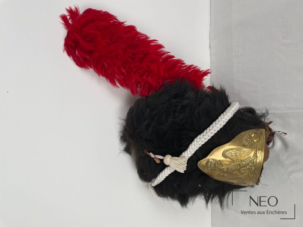 Bonnet à poil de grenadier noir avec grande plume rouge et plaque en laiton à l’aigle