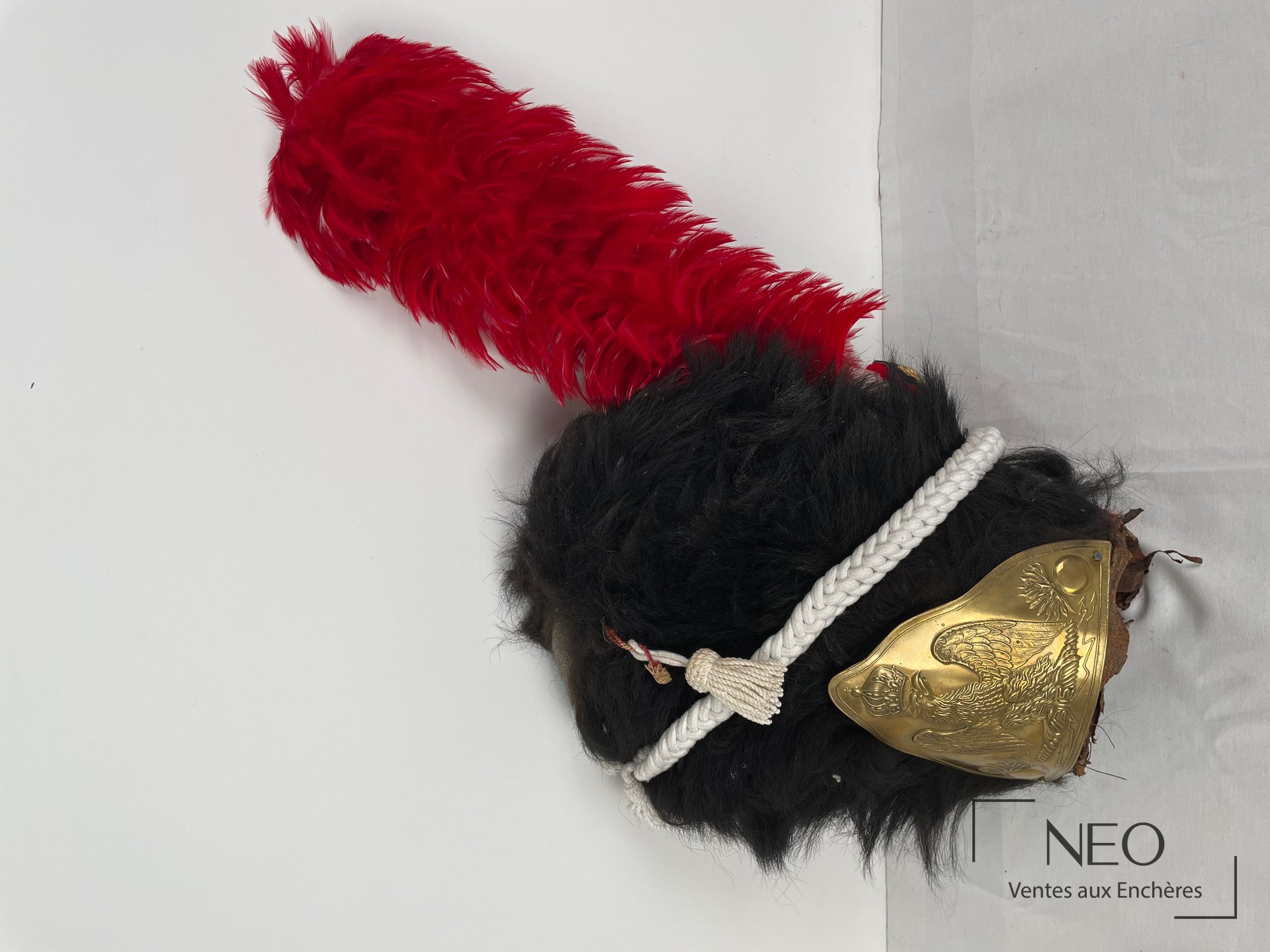 Bonnet à poil noir avec grande plume rouge et plaque en laiton à l'aigle