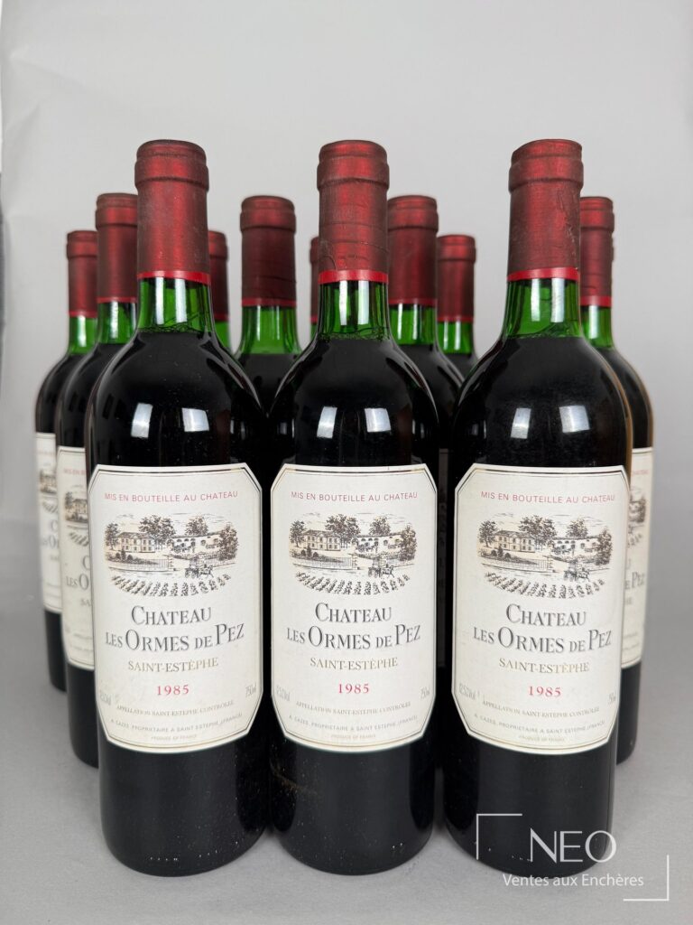 Caisse de douze bouteilles Château Les Ormes de Pez 1985 vue de face