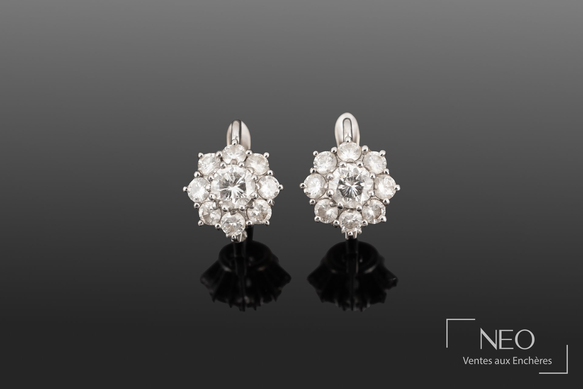 Paire de boucles d'oreilles dormeuses en or gris serties de diamants en motif floral