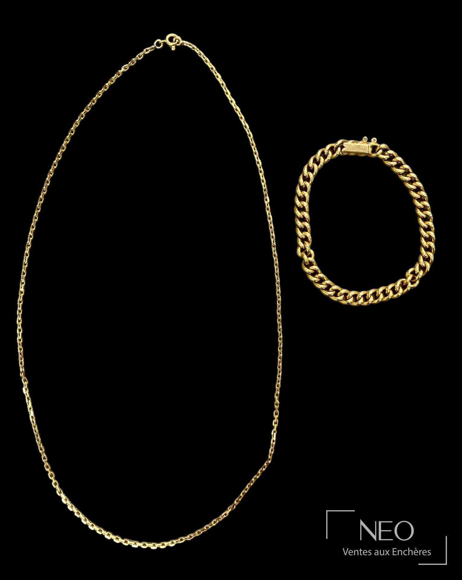 Bracelet et collier en or jaune 18 carats, mailles gourmette et forçat