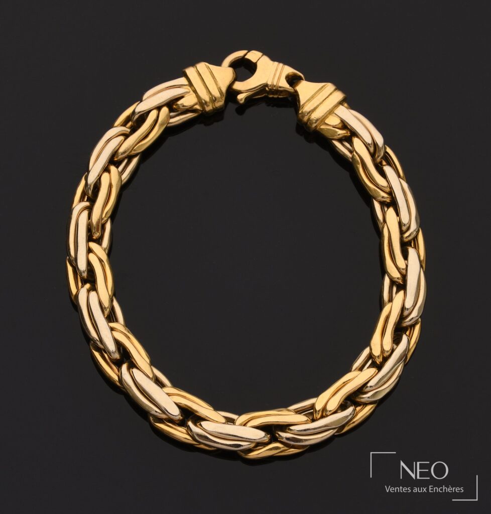 Bracelet en or jaune de deux tons à mailles doubles fantaisie