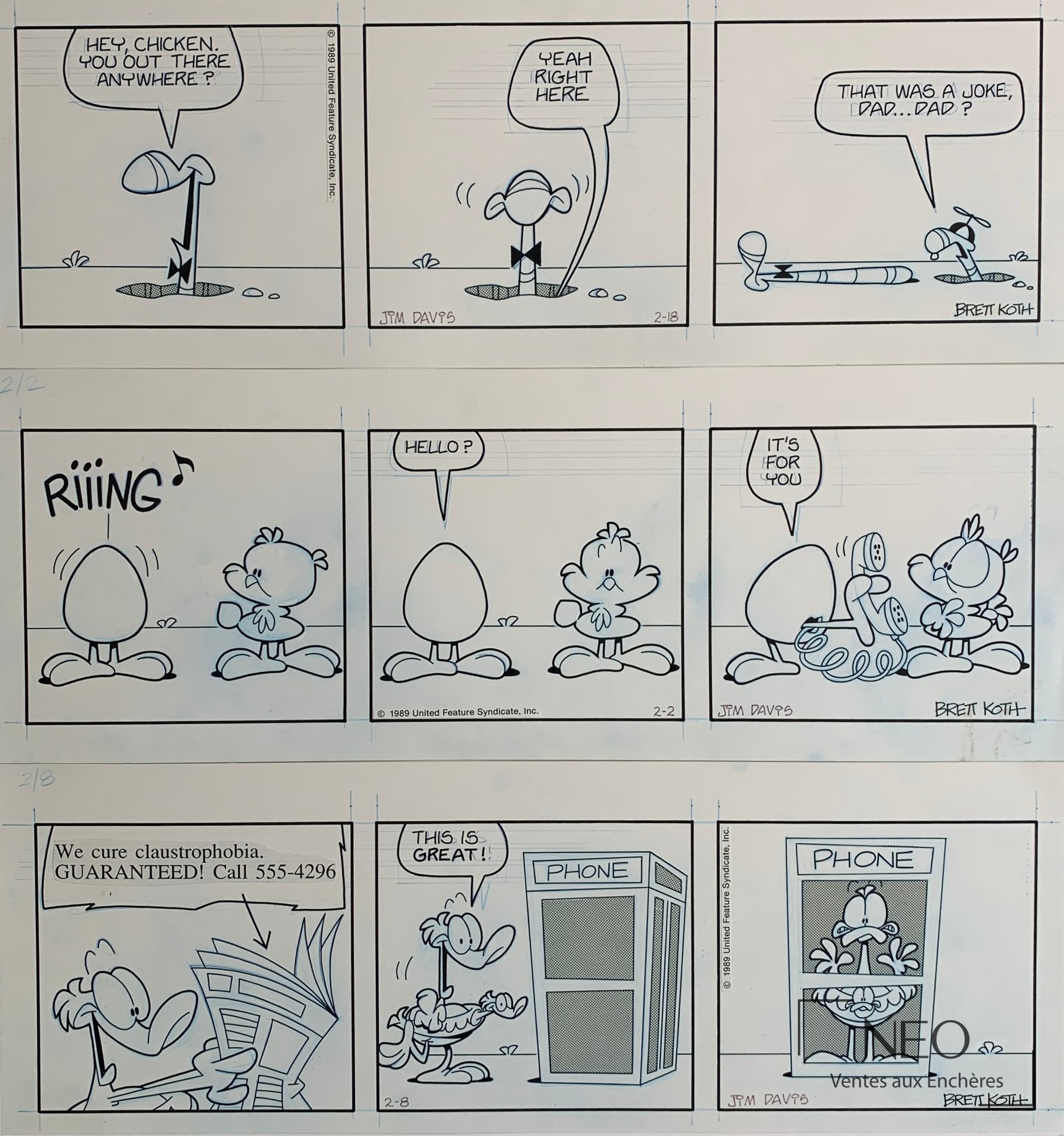 Planche originale US Acres composée de trois strips humoristiques en noir et bleu