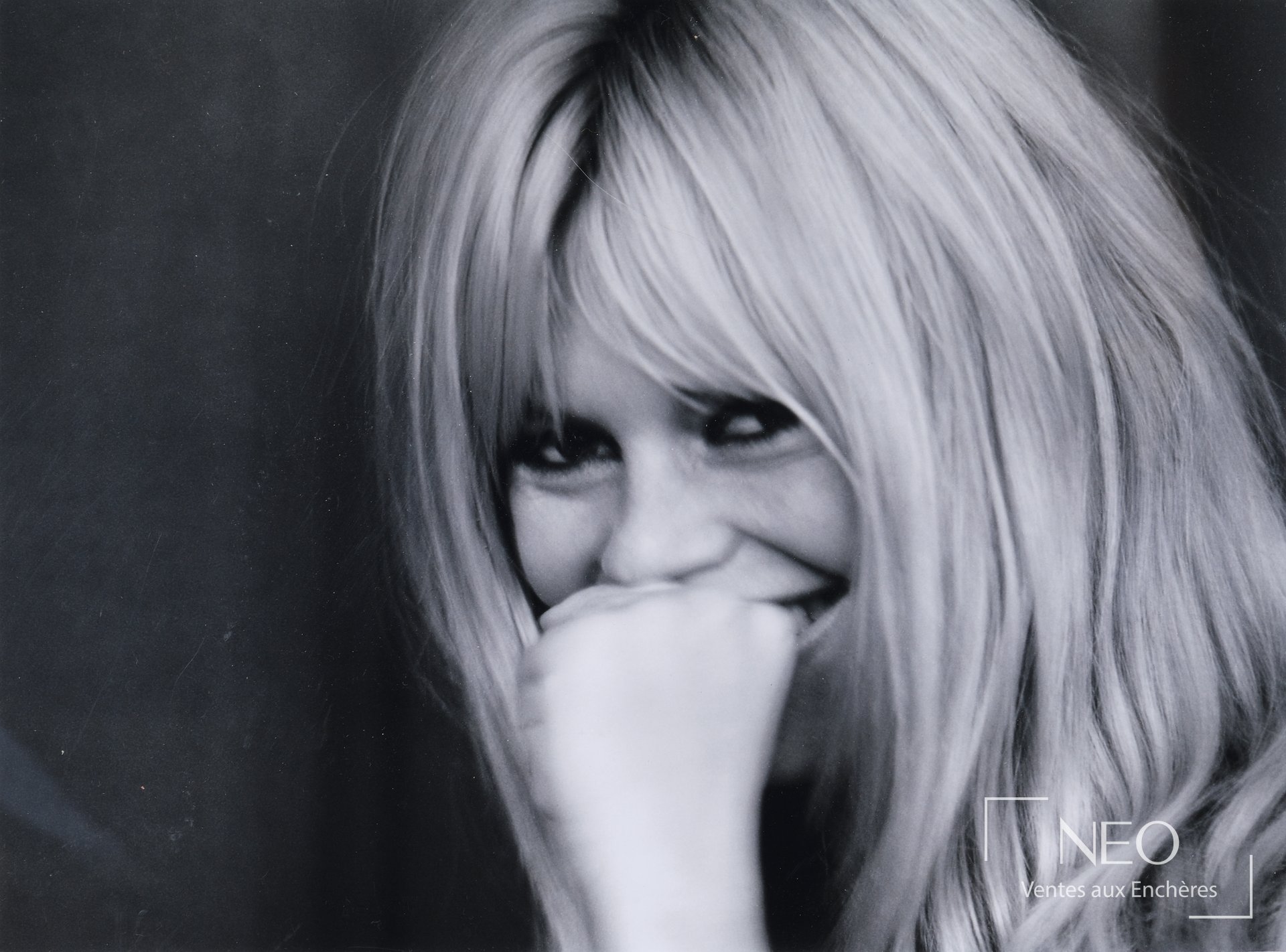 Portrait monochrome de Brigitte Bardot avec mèche blonde et sourire discret