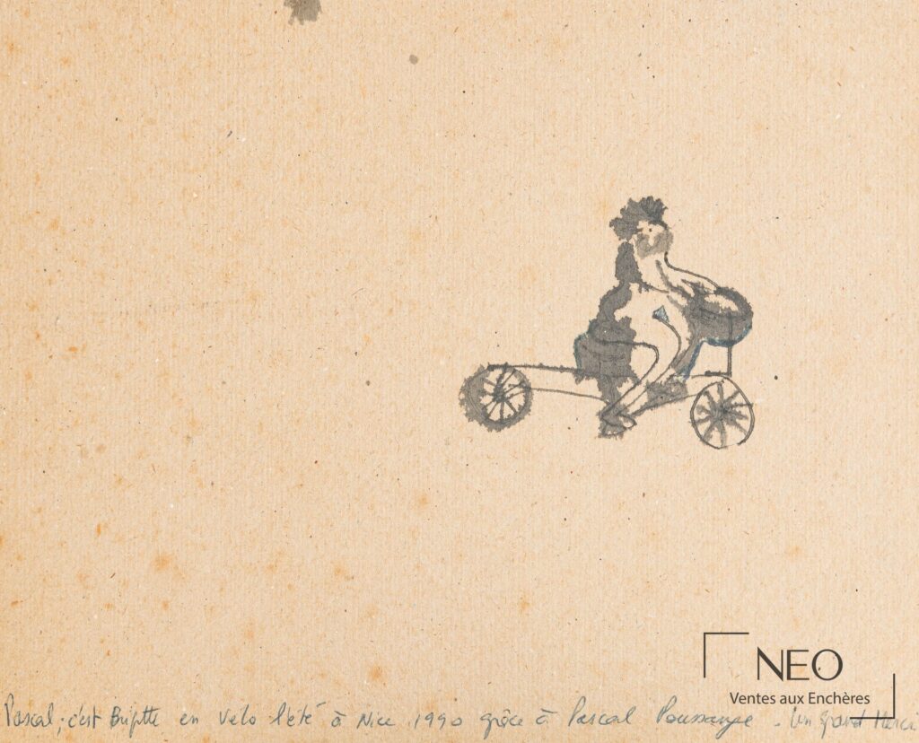 Dessin à l’encre noire représentant une femme à bicyclette sur papier légèrement jauni.