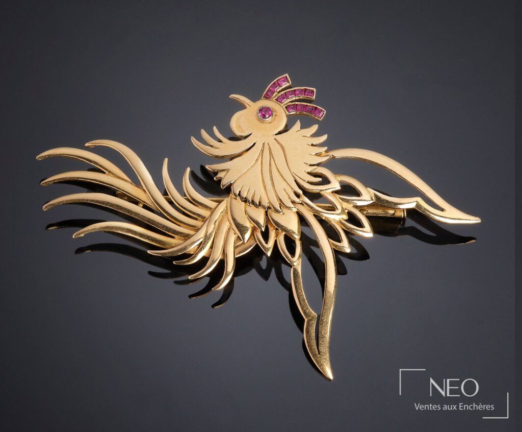 Broche coq en or jaune ajouré