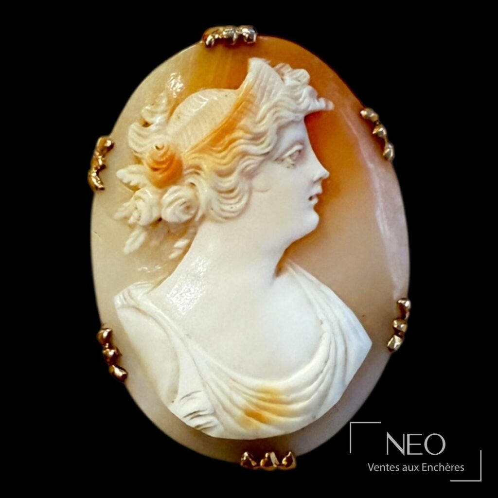 Broche ovale en or jaune avec camée sur coquille représentant un profil féminin