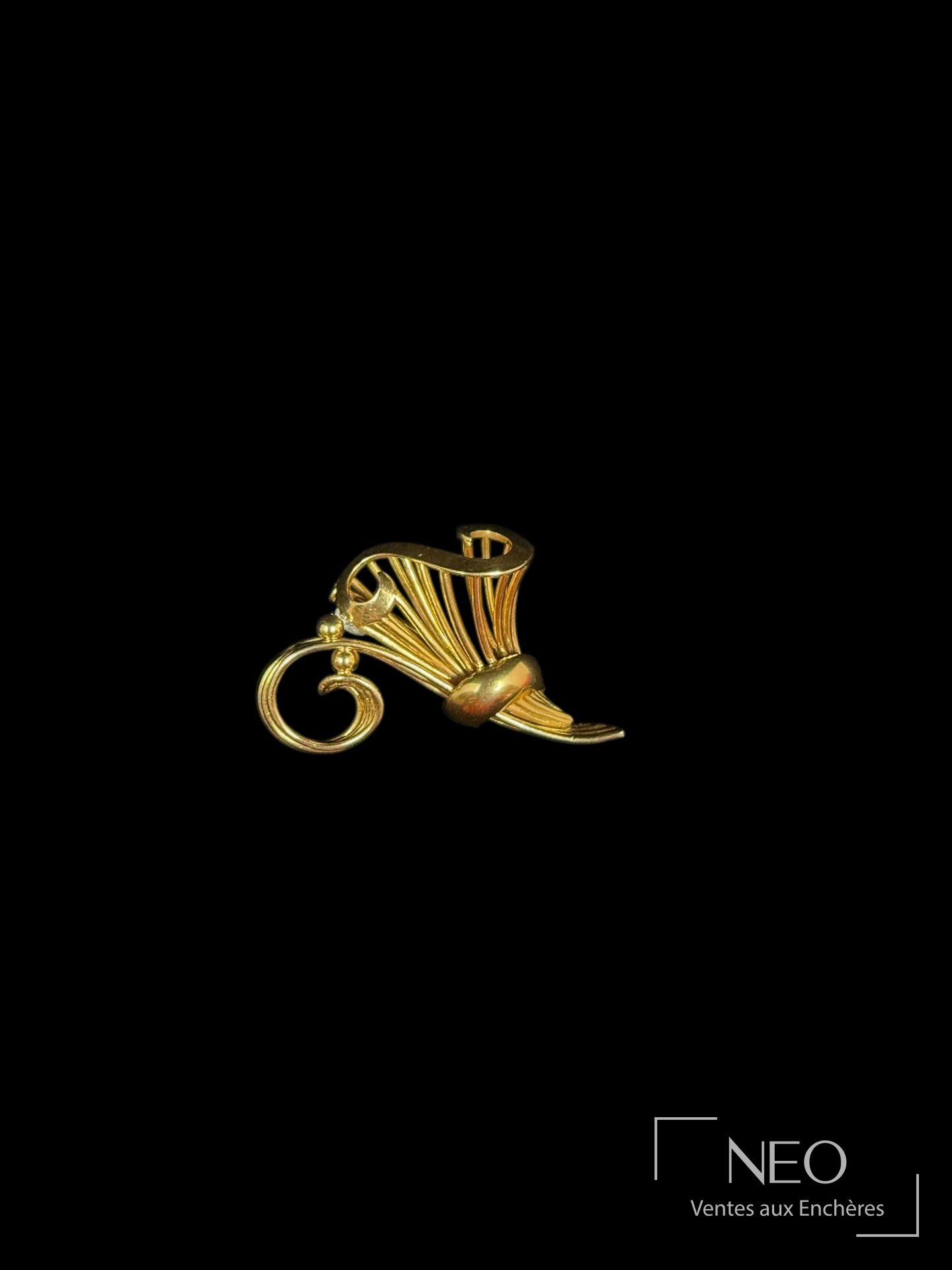 Broche en or jaune ajourée en forme de S sur fond noir