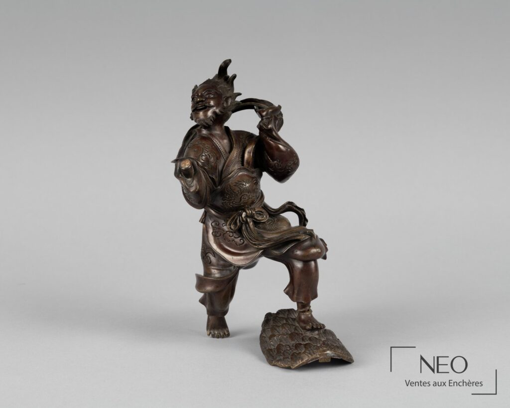 Brûle-parfum japonais en bronze figurant Ebisu sur une carpe