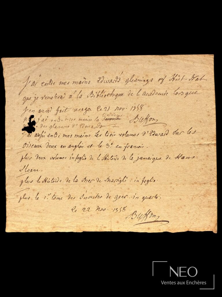 Feuille manuscrite de Buffon avec texte autographe et signature en bas à droite.
