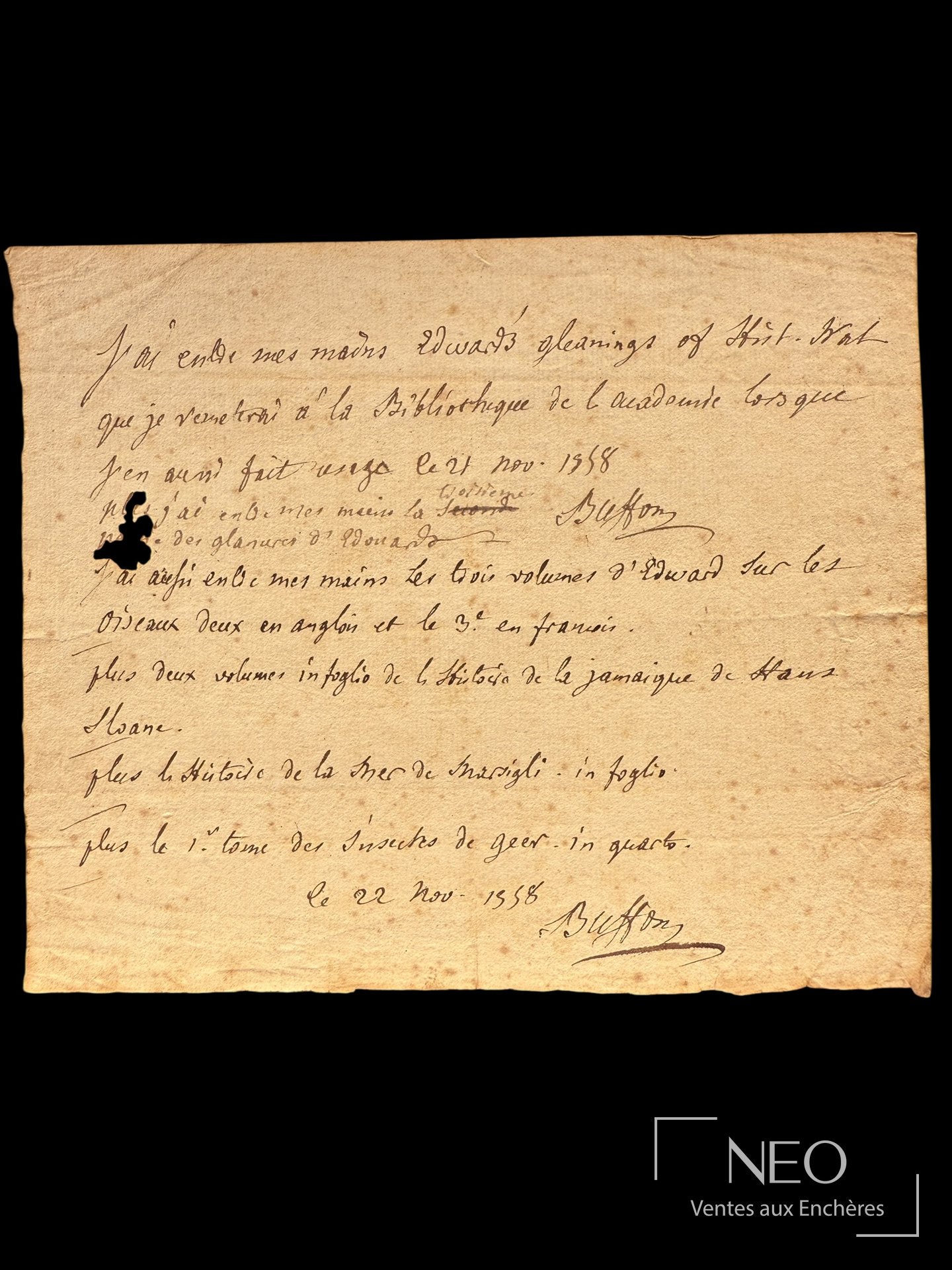 Buffon, pièce autographe signée et liste d’emprunts d’ouvrages, 1758