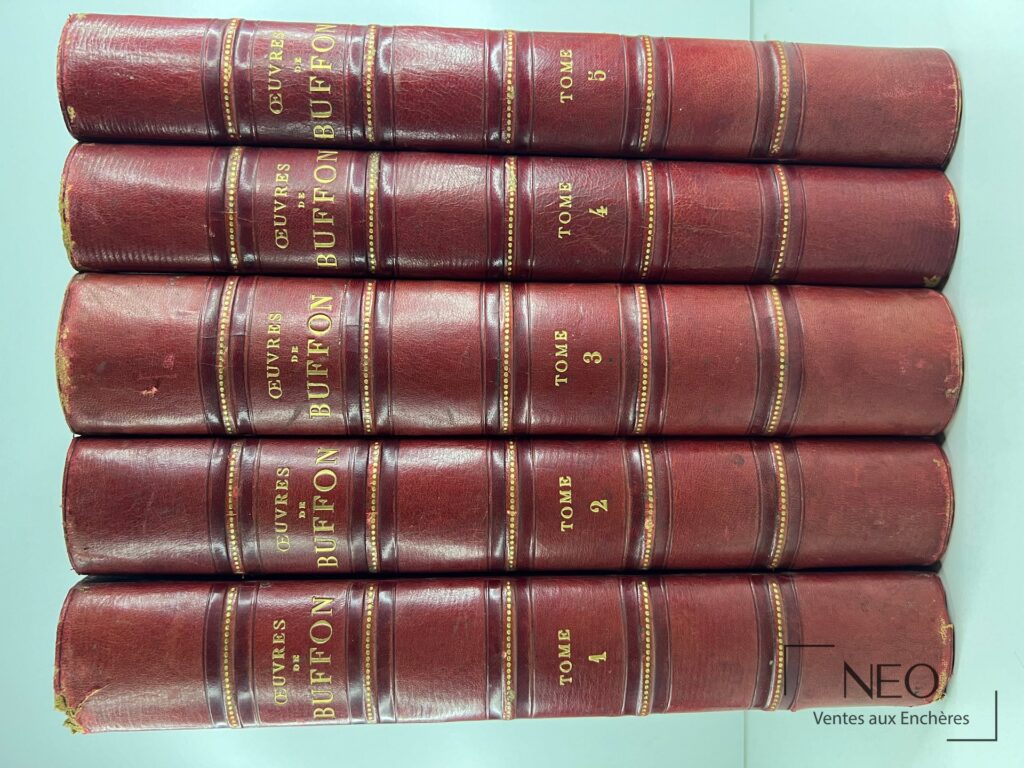 Cinq tomes reliés en maroquin cerise