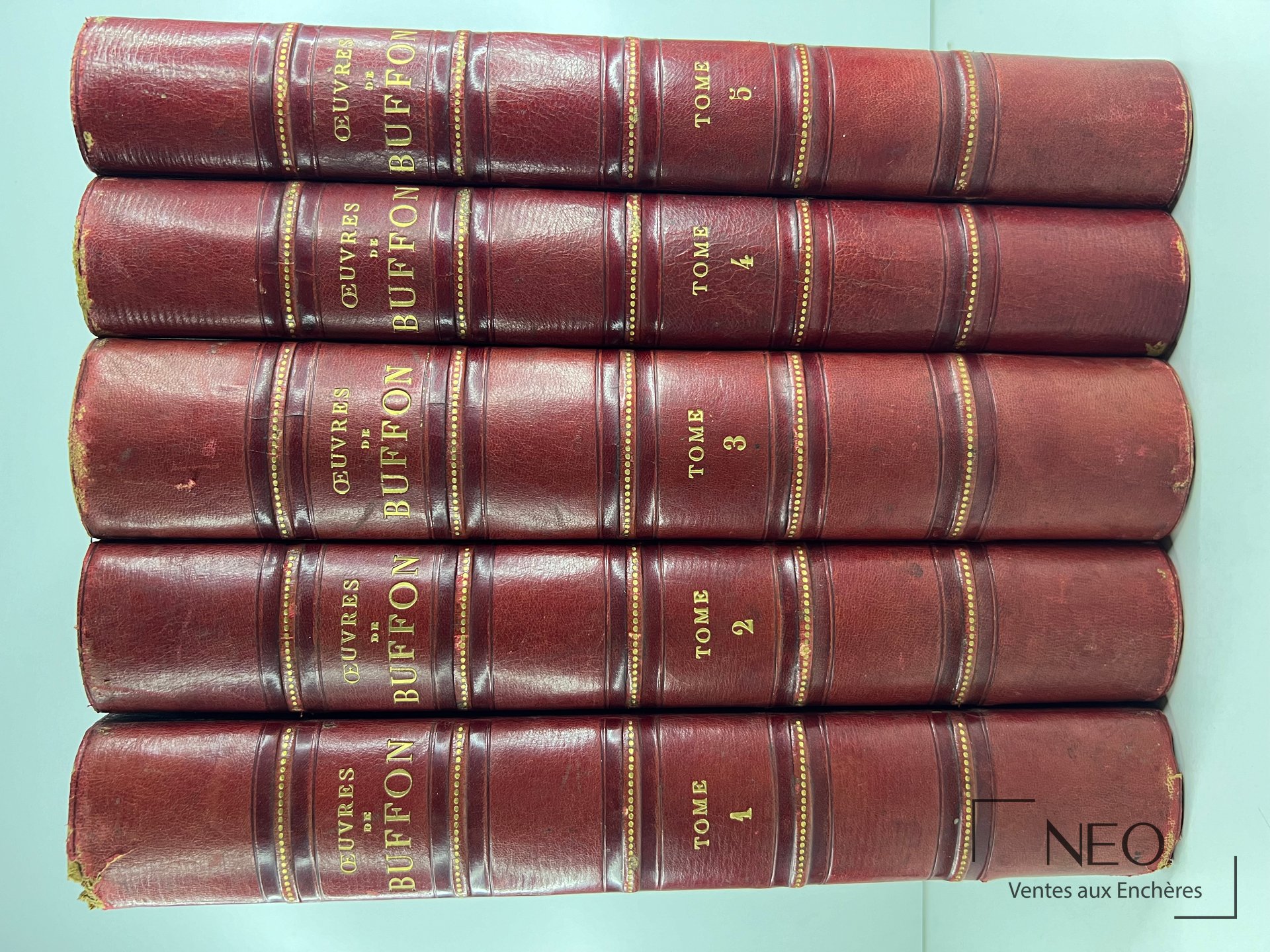 Cinq tomes reliés en maroquin cerise
