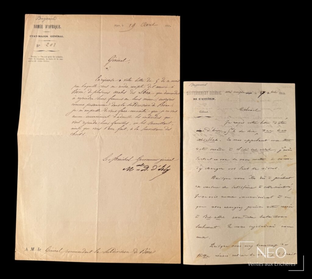 Deux lettres manuscrites de Bugeaud sur papier