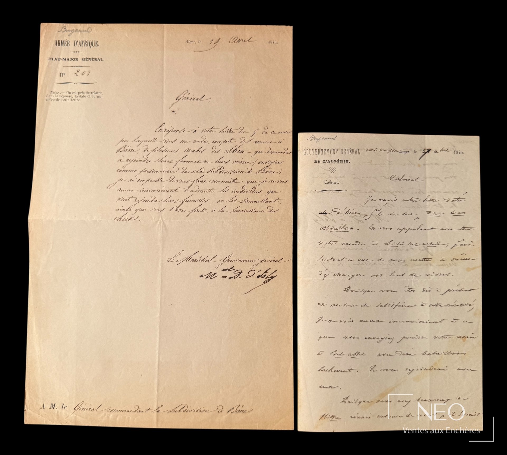 Deux lettres manuscrites de Bugeaud sur papier